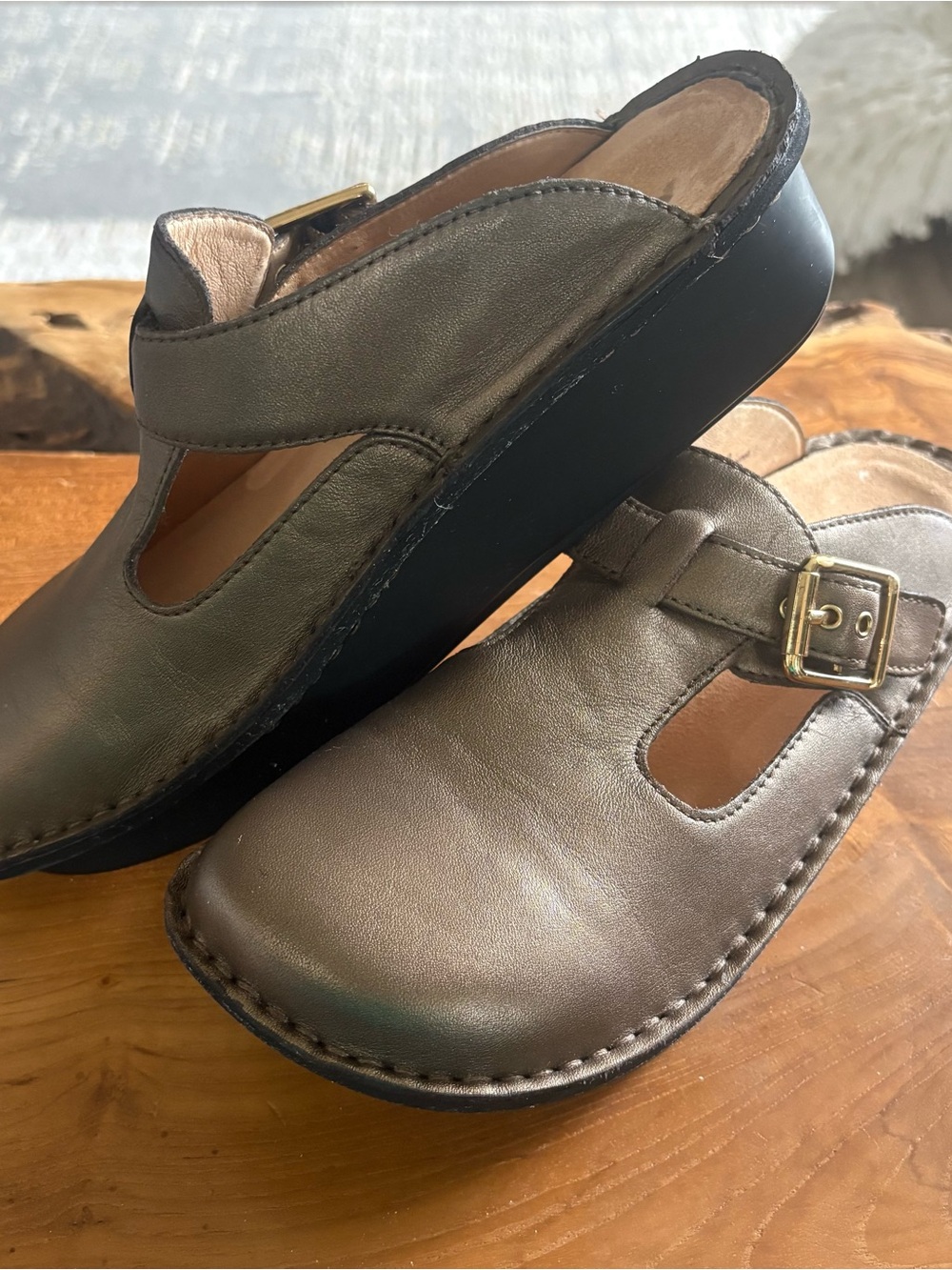 Alegria Metallic Bronze Leather Slip-On Clogs with Buckle Detail